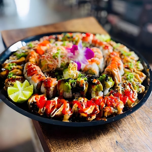 A large platter of assorted Shiki Japanese sushi rolls, garnished with lime and an orchid.