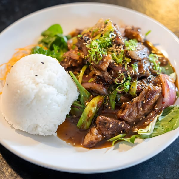Shiki Japanese Thai Sushi Bar's beef stir-fry with rice, green onions, and sesame seeds.